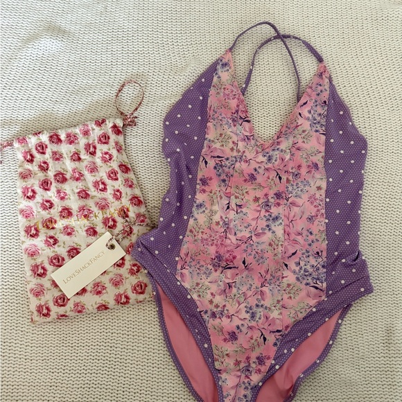 LoveShackFancy Pink and Purple Polka Dot Swimsuit